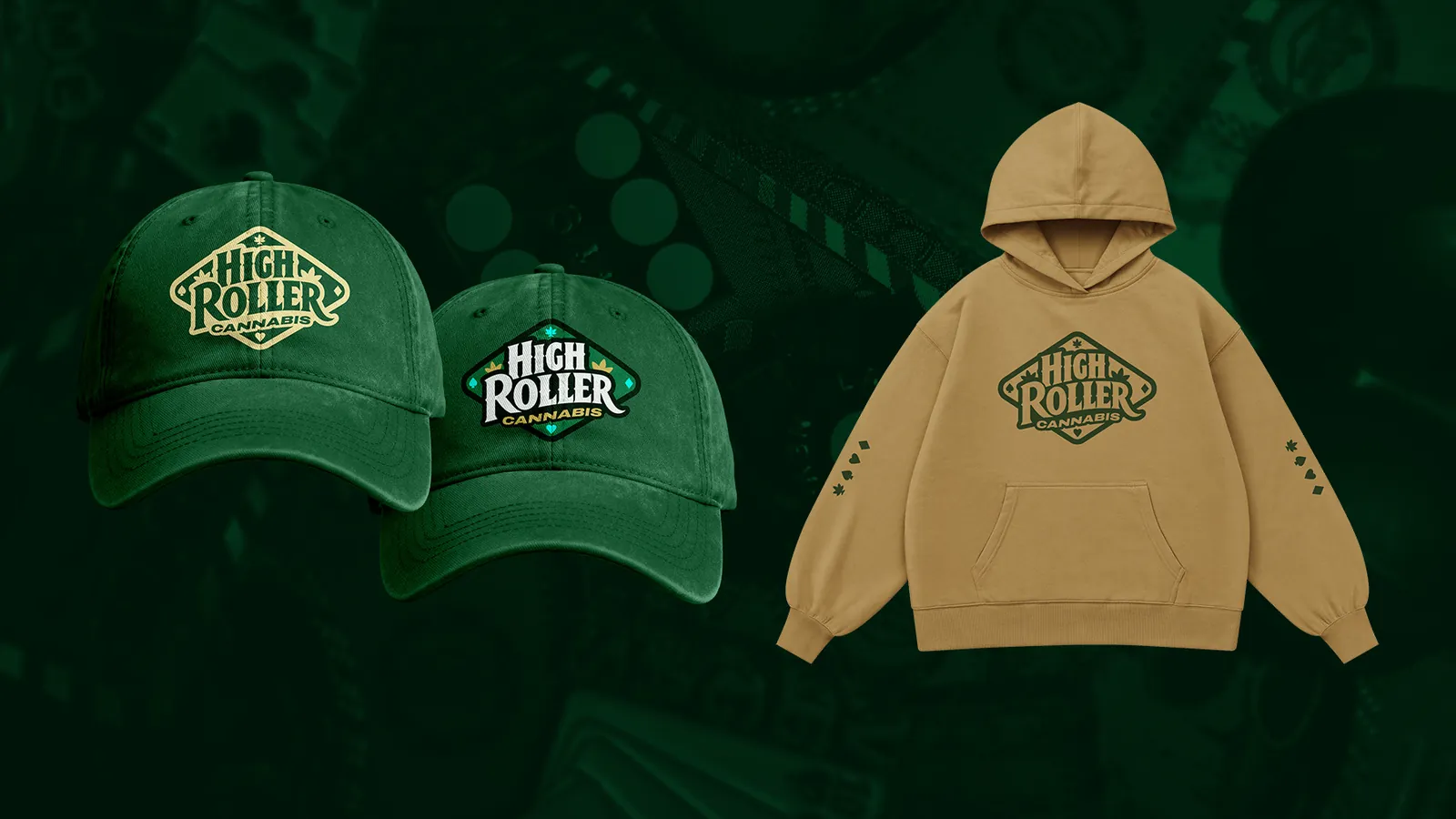 High Roller Cannabis caps and hoodie